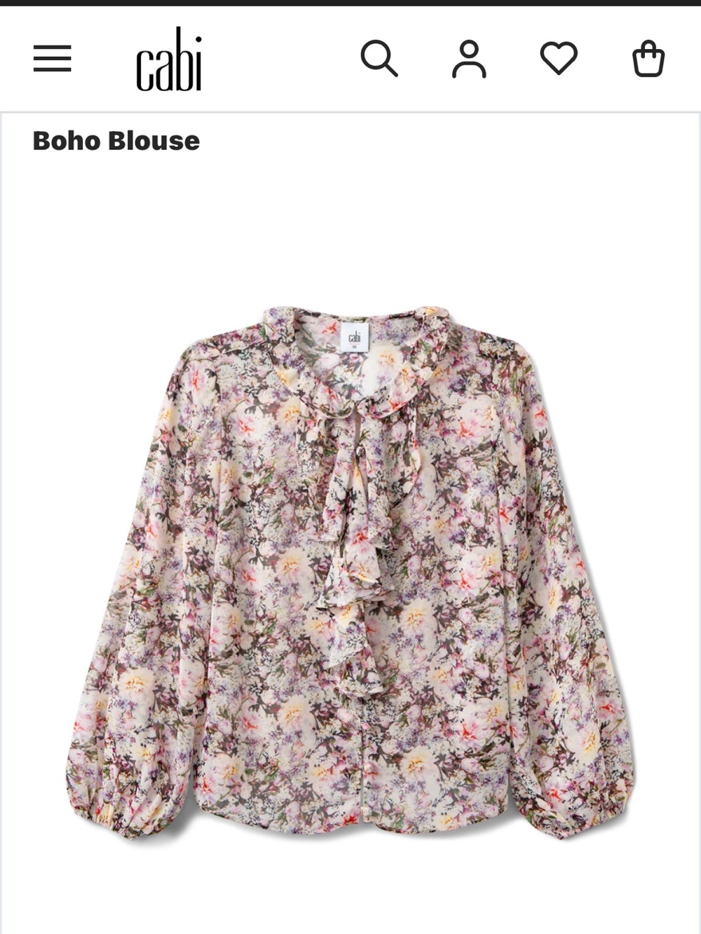 CAbi Floral Tie-Neck Boho Blouse in Lavender and Cream